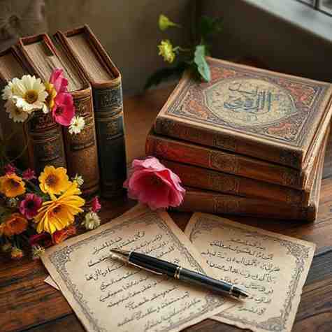 Some old books having colourful flower in front, some vintage papers and a pen on them are kept on wooden table