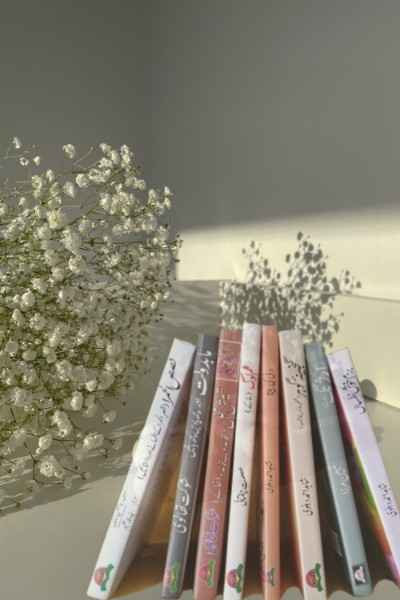 Some books of Urdu Sketch writing are standing and some white flowers having white background are kept on hard white surface