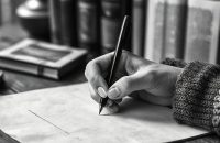 A woman is writing on a blank white paper with a pen on a wooden table, some books are in, all is black and white background,